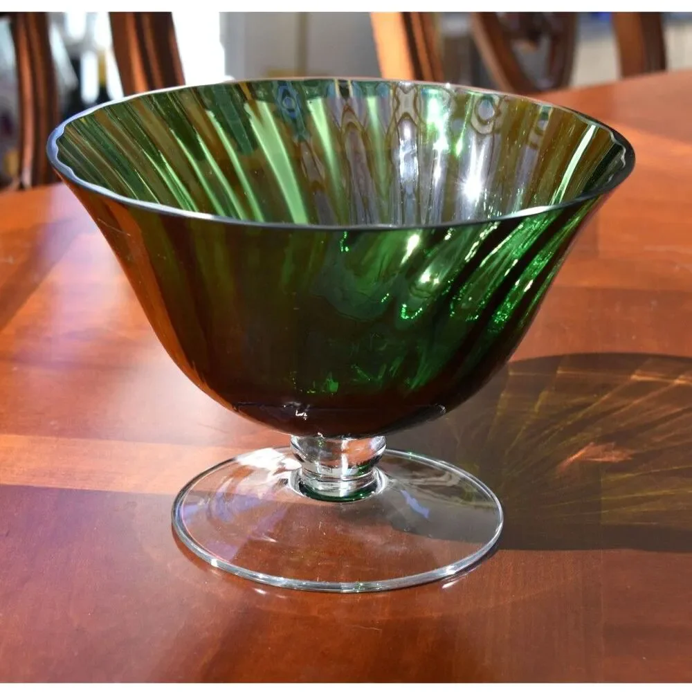 Vintage Emerald Green Pedestal Glass Centerpiece Bowl / Flared Compote Vase